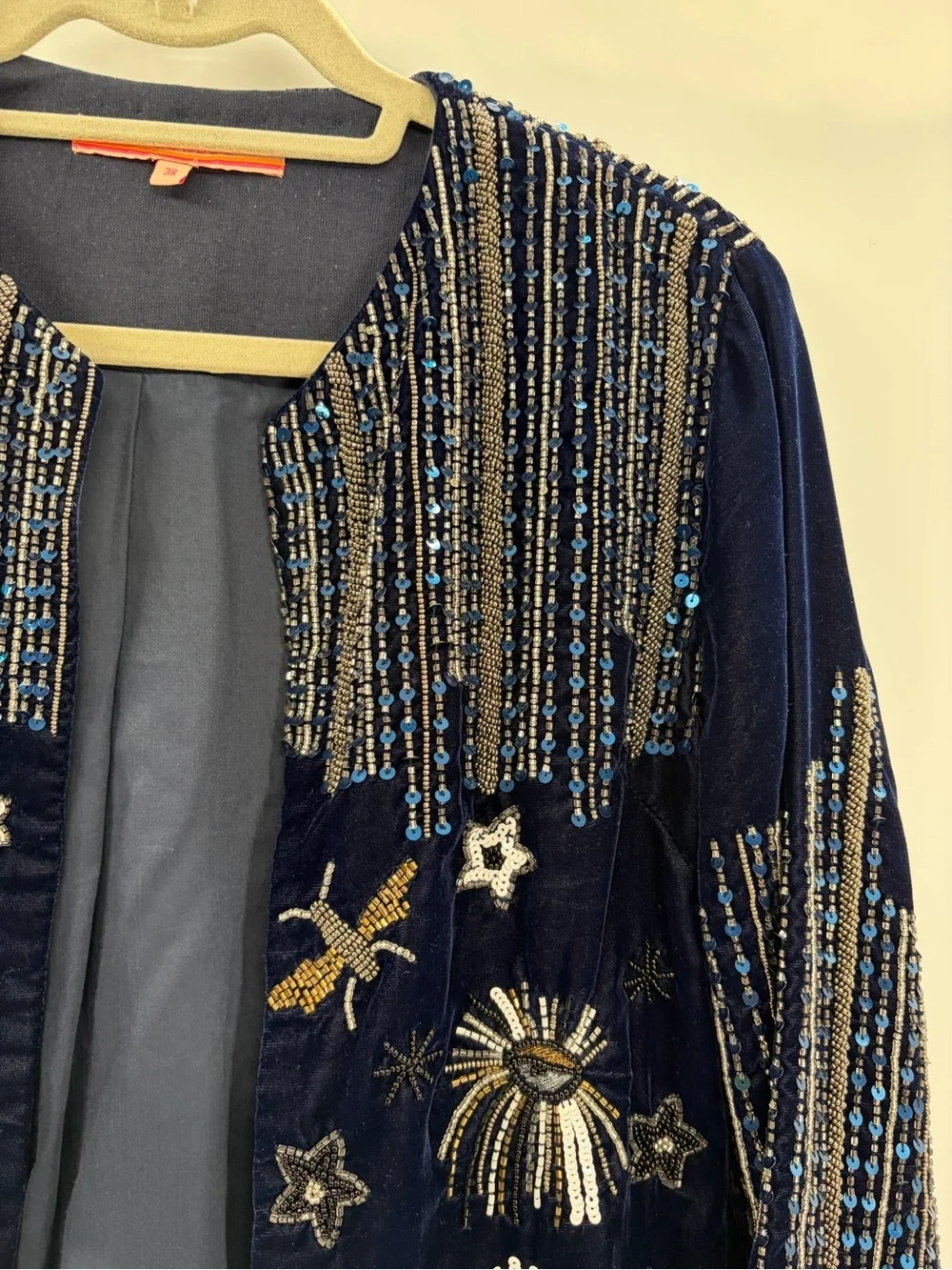 Vilagallo Anthropologie Navy Velvet Beaded Sequin Embellished Jacket Blazer US 6